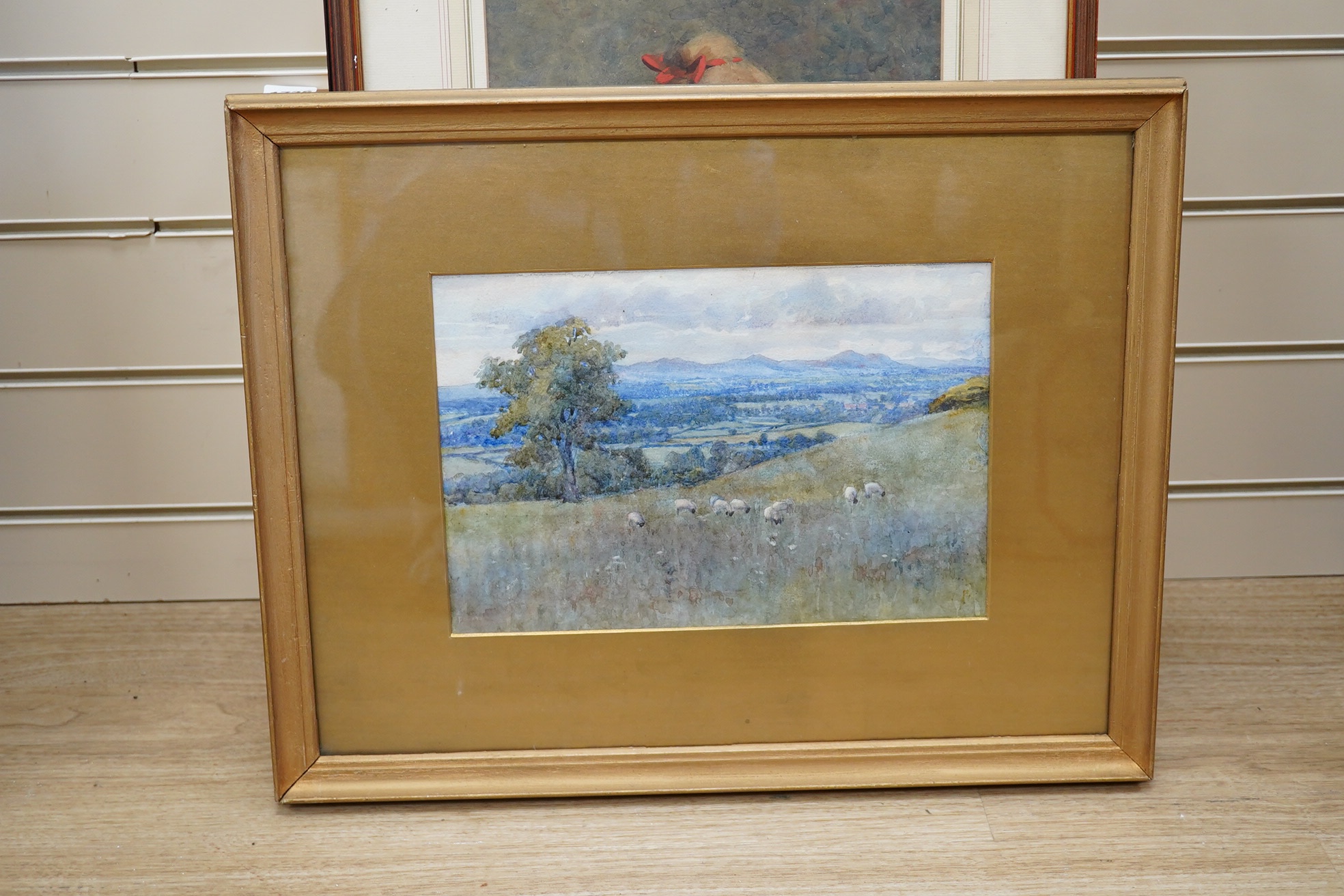 Edith Cubitt (1873–1958), watercolour, Downland scene with flock of sheep, unsigned, 20 x 29cm, gilt framed. Condition - fair to good